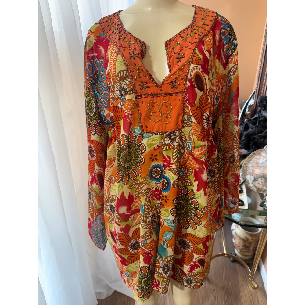 Erica Brooke Collection Floral Paisley Beaded Tunic Top Orange Red Plus 18